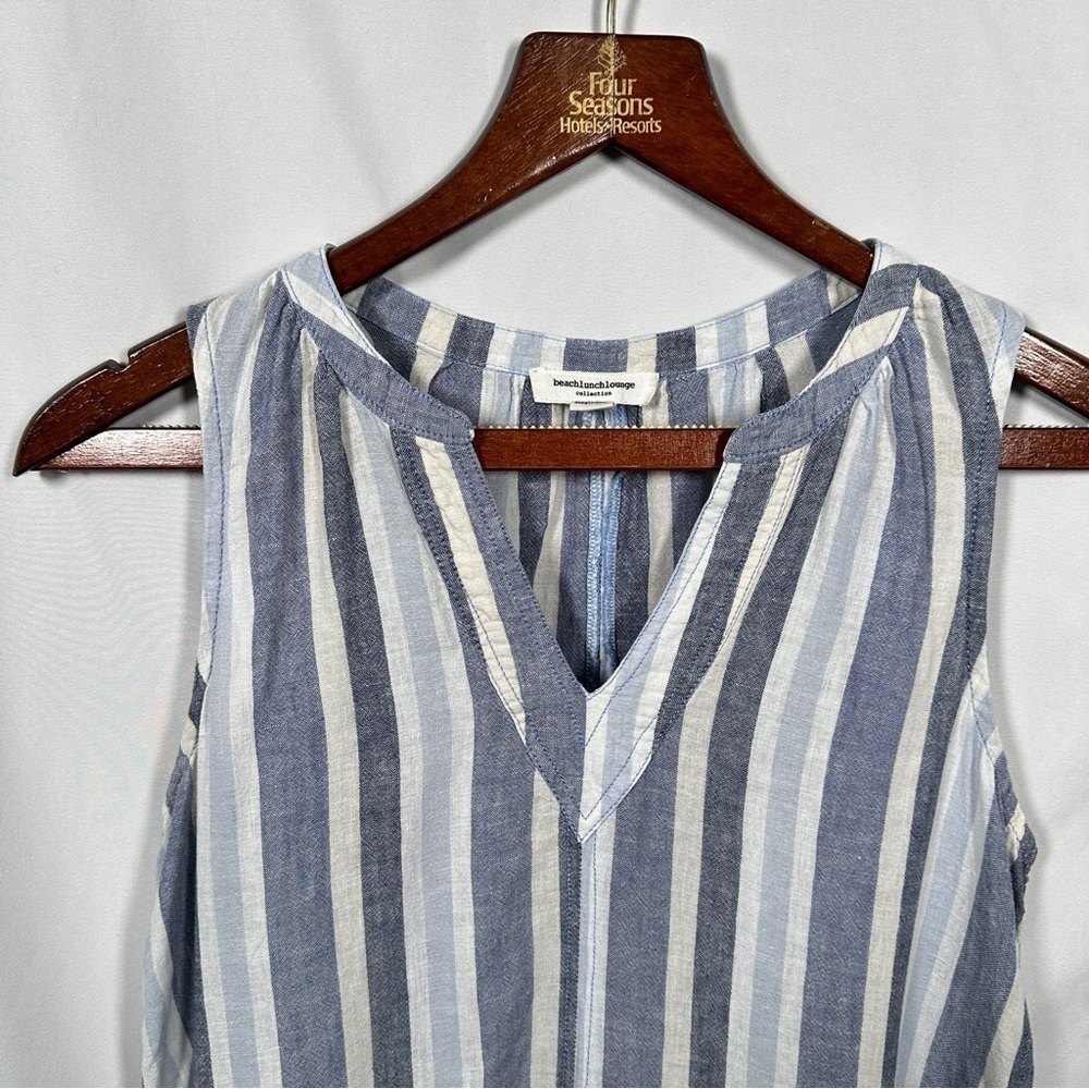 Beachlunchlounge Linen Blend Striped Shift Dress Pockets XS Blue White Vacation - Picture 4 of 10